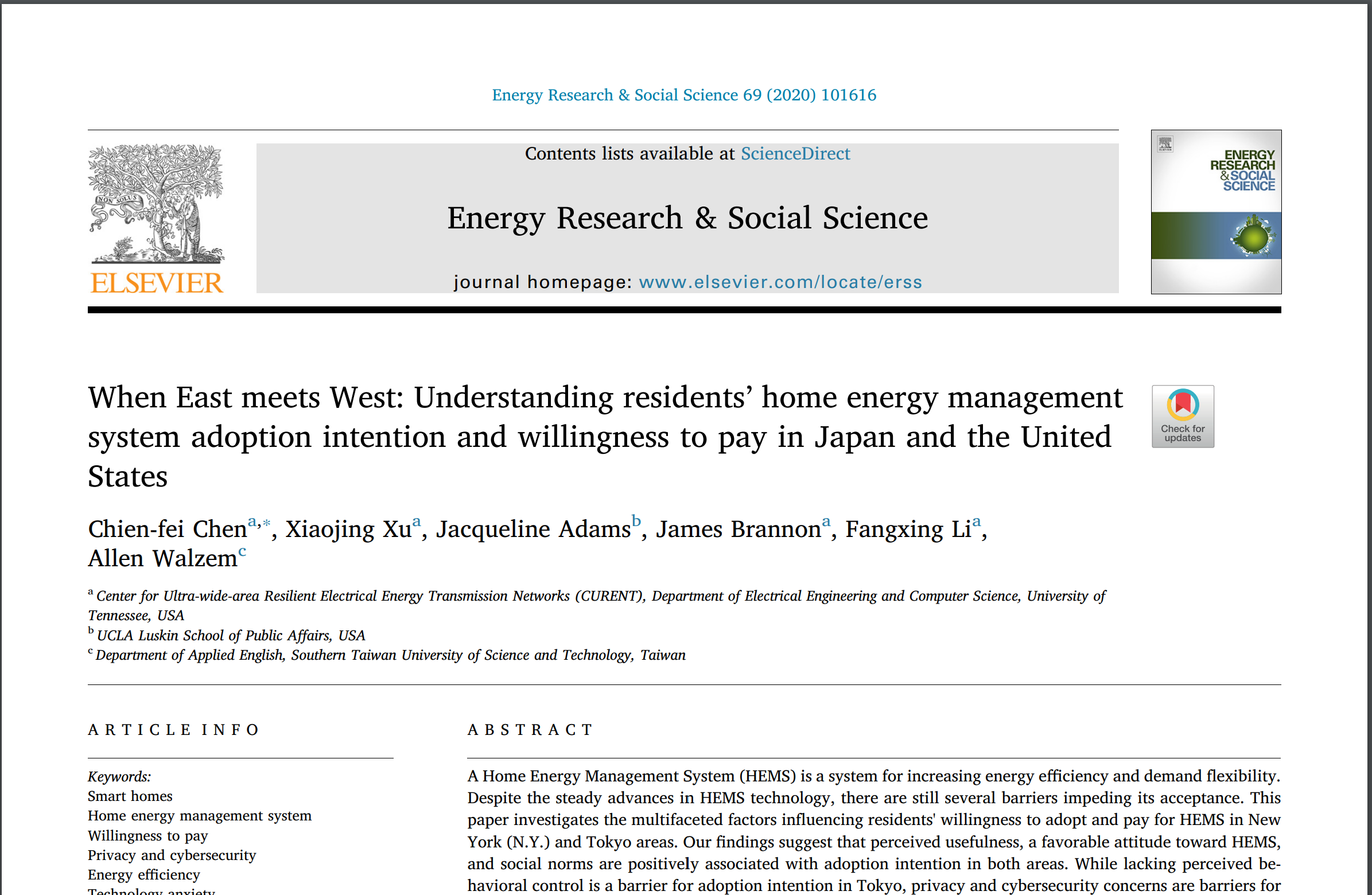 When East meets West: Understanding residents’ home energy management system adoption intention and willingness to pay in Japan and the United States